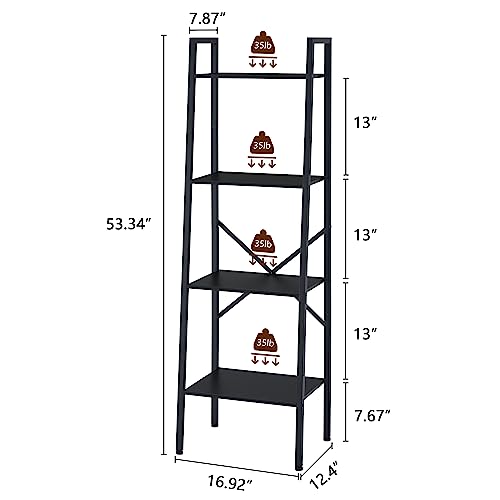 Hoctieon 4-Tier Industrial Ladder Bookshelf, Narrow Ladder Shelf, Tall Standing Bookshelf, Skinny Open Ladder Shelf, for Living Room, Home Office, Kitchen, Bedroom, Metal Frame, Black
