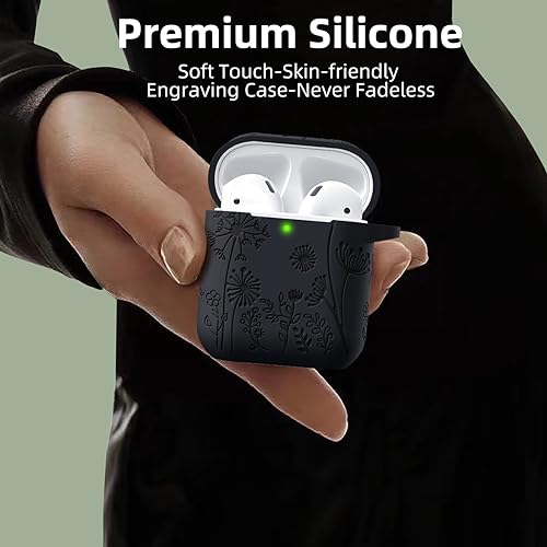 Lerobo for AirPods Case 2nd/1st Generation Case Cover, Flower Engraved Full Protective Case Compatible with Apple AirPod Charging Case with Keychain Soft Silicone Pattern Front LED Visible, Orange