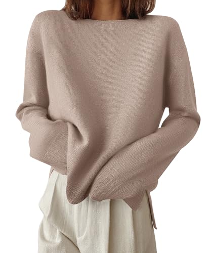 ZESICA Women's 2024 Fall Long Sleeve Crew Neck Soft Knit Side Slit Comfy Loose Pullover Sweater Jumper Tops,Nutmeg,Medium