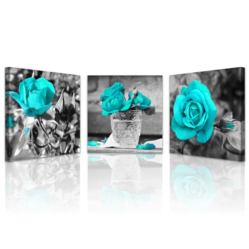 Lapremoly Canvas Wall Decor For Bedroom Wall Art For Living Room Black And White Wall Paintings Blue Rose Pictures Watercolor Canvas Prints Ready To Hang Room For Girls Home Decoration 3 Piece
