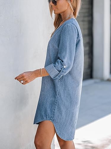 CUPSHE Denim Dress for Women Cotton A-Line Long Sleeve Loose Fitted Distressed Jean Dress Blue X-Small