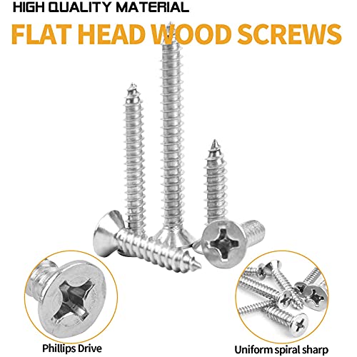 VIGRUE 450Pcs Stainless Steel Wood Screws Set #4#6#8#10#12 Phillips Flat Head Sheet Metal Screw Self Tapping Screws Assortment Kit, Length 1/4" to 2"