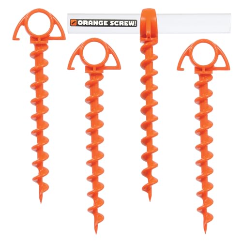 Orange Screw Ultimate Ground Anchors: Heavy Duty Screw-in Tent Stakes for High Wind, Sand, Canopies, and Camping - Made in USA, 100% Recycled, Included T-Grip Tool - (Small, 4 Pack, Orange)