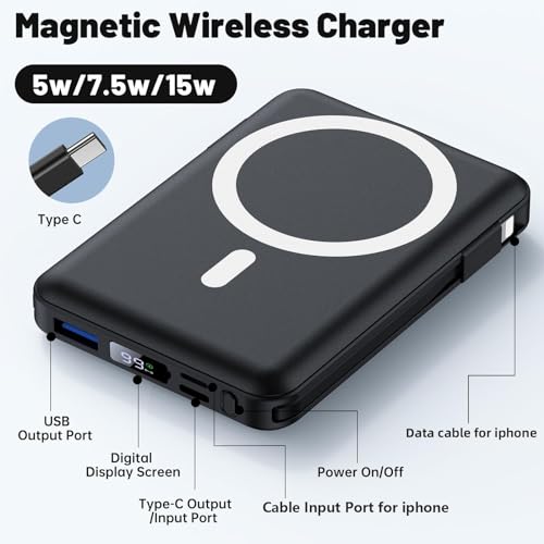 Yiisonger Magnetic Wireless Power Bank - 10000mAh Mag-Safe Portable Charger 22.5W PD Fast Charging with Built-in Cables LED Display, Magnetic Battery Pack for iPhone 16/15/14/13/12/Pro/Mini/Pro Max