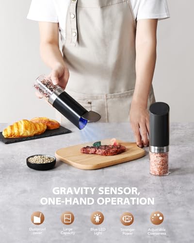 Sangcon Gravity Electric Salt and Pepper Grinder with Dust Cover, Battery Operated(4 AAA), Large Capacity, Adjustable Coarseness, One Hand Automatic Salt Pepper Shaker Mill with LED Light