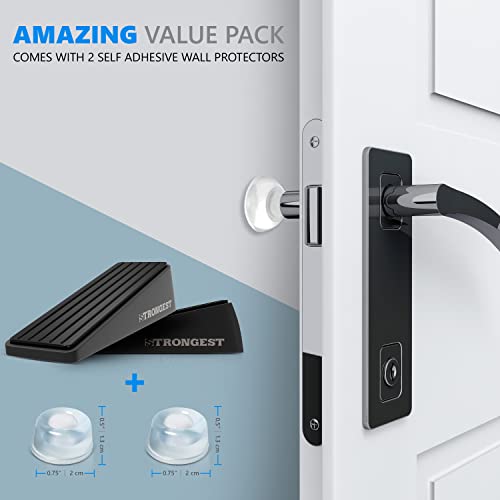 Strongest Door Stopper, Heavy Duty Door Stop Wedge Made of Premium Quality Zinc and Rubber Suits Any Door,Any Floor. Set of 2 and Additional Self Adhesive Wall Protectors (Black, 2 Pack)