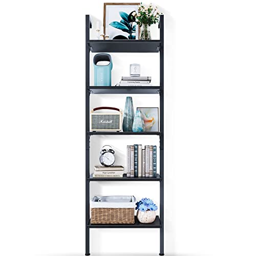 ODK Ladder Shelf, 5 Tier Black Bookshelf, 72 Inch Wall Mounted Book Shelf with Metal Frame, Ladder Bookshelf Bookcase for Bedroom, Home Office and Living Room