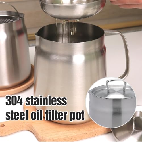 2L Stainless Steel Oil Filter Pot, 2024 Upgrade 304 Stainless Steel Large Capacity Versatile Oil Filter Vessel Tank, Kitchen Mini Oil Fryer And Filter Cup Combo Multi-Function Frying Net Tank (A-1.5L)