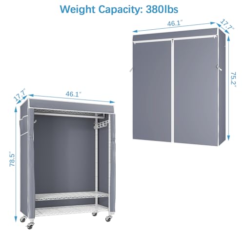 VIPEK R1C Plus Garment Rack Rolling Clothes Rack with Locking Wheels, Heavy Duty Clothing Rack Portable Closet with Adjustable Shelves & Side Hooks, White Rack with Grey Upgraded Polyester Cover