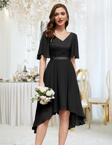 BeryLove Cocktail Dresses for Women Evening Party Bridesmaid Dresses Wedding Guest Lace Chiffon Midi Elegant Asymmetrical Hem Prom Dress BLP7057 Navy S