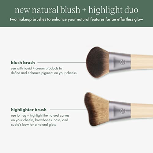 EcoTools Blush + Highlight Brush Duo, Makeup Brushes For Liquid, Cream, & Powder Highlight & Blush, Enhance Natural Skin, Eco-Friendly Makeup Brush Set, Synthetic Bristles, 2 Piece Set