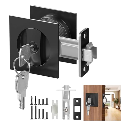 Aglehome Square Door Hardware - Sliding Pocket Door Lock with Key, Flush Latch for Bed/Bath, Matte Black, 2-3/8" Backset