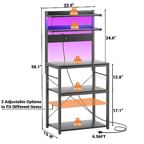 Aheaplus Bakers Rack with Power Outlet, Microwave Stand, 5 Tiers Coffee Bar Station with Led Lights, Kitchen Storage Shelf with 6 S-Shaped Hooks, Kitchen Rack for Spices, Pots and Pans, Black