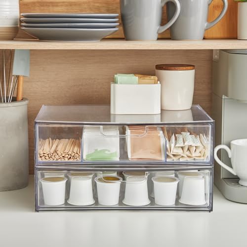 STORi Sofia 12.5” Wide Clear Stackable Open & Divided Storage Drawers, 2 Pack Plastic Organizer Bins for Makeup Palettes, Cosmetics, & Beauty Supplies, Vanity, Bathroom, Desk Organization, Made in USA