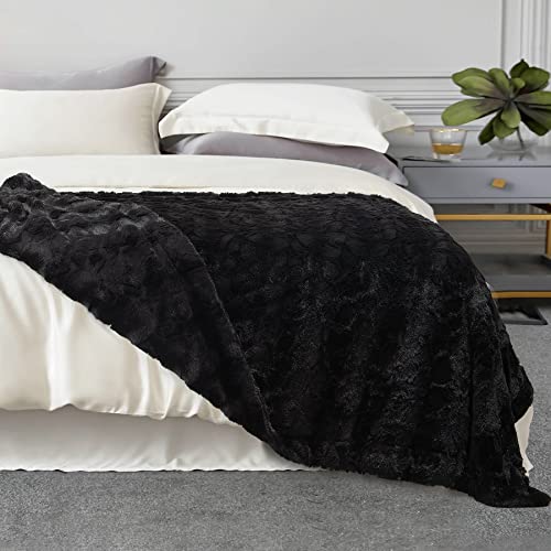 TOONOW Faux Fur Luxury Throw Blanket,Double Side Soft Fluffy Shaggy Fuzzy Blanket for Couch Sofa Bed (Black, X-Large Twin Size)