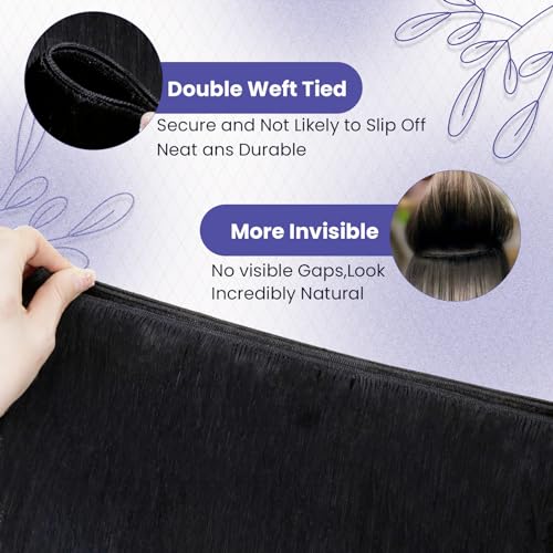 LaaVoo Human Hair Extensions Sew in 14 Inch 80g Hand Tied Weft Hair Extensions Human Hair Light Brown Highlights with Blonde Sew in Hair Extensions Real Human Hair Double Weft