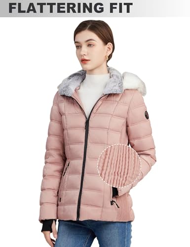 SLOWTOWN Women's Puffer Jacket Warm Hooded Winter Puffy Jacket with Faux-Fur Trim and Collar (Pink, Small)