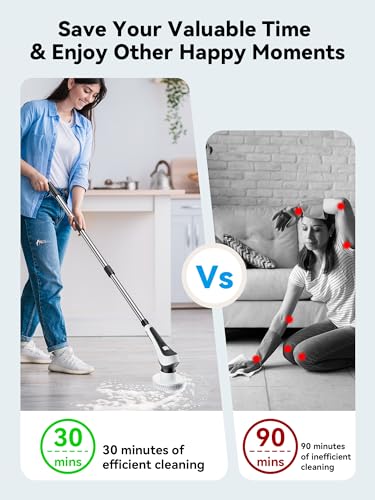 Electric Spin Scrubber,Cordless Cleaning Brush with Power Display Screen,IP68 Waterproof Shower Cleaning Brush with 8 Replaceable Brush Heads,Adjustable & Detachable Handle and 2 Adjustable Speeds