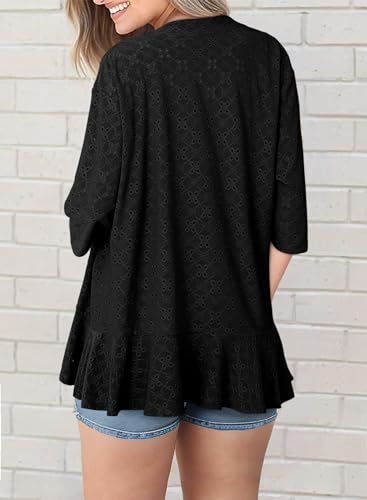 Sidefeel Lightweight Summer Cardigan for Women Spring Fashion 2024 Knit Ruffle Half Sleeve Kimono Cardigans Sweaters Black Small