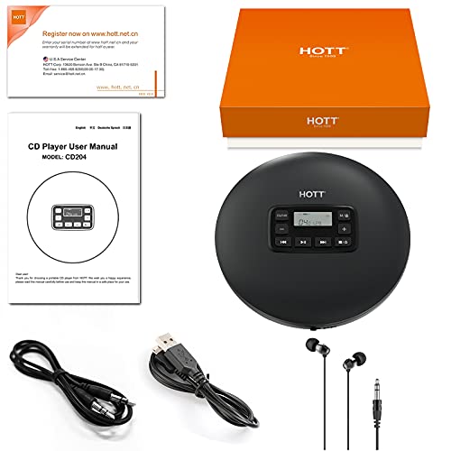 HOTT CD204 Portable CD Player, Personal Compact CD Player with Headphones, Anti-Skip/Shockproof for Home Travel and Car, Small Music CD Walkman with LCD Display for Adults Students Kids-Black
