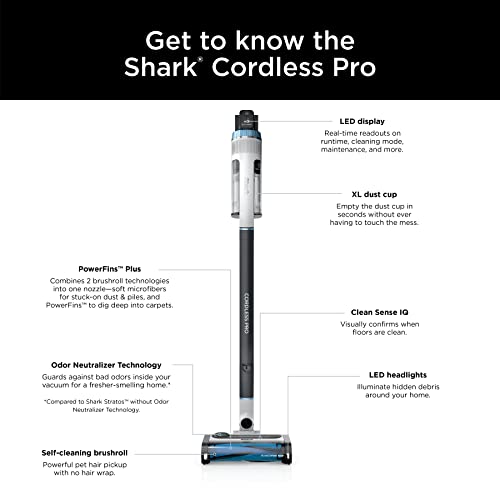 Shark IZ562H Pro Cordless Vacuum with Clean Sense IQ and Odor Neutralizer, PowerFins Plus Brushroll, Includes Duster Crevice Pet Multi Tool, Up To 40 Minute Runtime, Light Blue, Without MultiFLEX