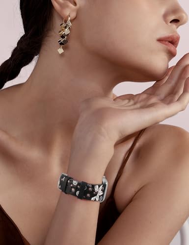 Minyee Leather Band Compatible with Apple Watch Band 38mm 40mm 41mm Women, Dressy Designer Embossed Black Leather Wristband Sunflower Pattern Strap for iWatch Ultra 2, Series 9/8/7/6/5/4/3/2/1/SE