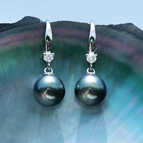 Mihiarii Tahitian Black Pearl 9MM Dangle Earrings Sterling Silver Moissanite Birthday Anniversary Mothers Day Valentines Day Christmas Gifts for Mom Her Women