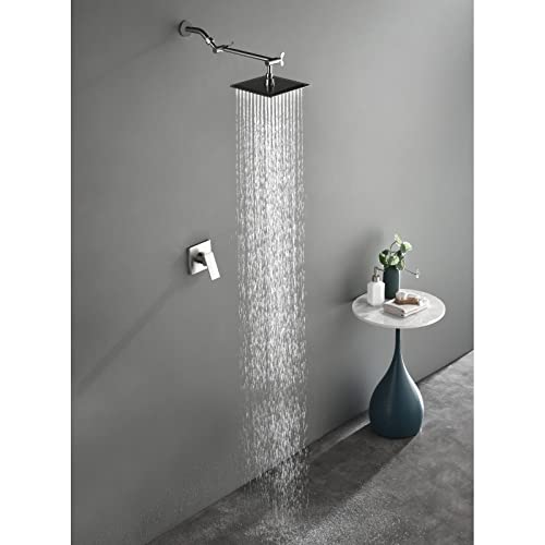 Shower Faucet Set Complete Shower System with 8 Inch Rain Shower Head, Bathroom Rainfall Shower Fixture Combo Set with Adjustable Extension Shower Arm, Rough-in Valve (Brushed Nickel)