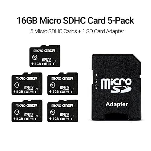 Micro Center 16GB Class 10 Micro SDHC Flash Memory Card with Adapter for Mobile Device Storage Phone, Tablet, Drone & Full HD Video Recording - 80MB/s UHS-I, C10, U1 (5 Pack)