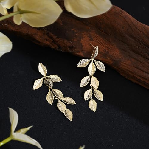 Gold Long Leaf Stud Earrings Handmade Leaf Dangling Earrings for Women Plant Earrings for Gift