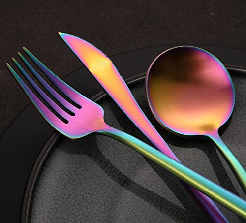 Rainbow Flatware Matte Silverware Set - 20 Piece 18/10 Colorful Stainless Steel Flatware Cutlery Utensils Tableware Set Service for 4, Include Knife/Fork/Spoon, Reusable, Dishwasher Safe