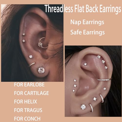 Dainty Threadless Flat Back Earrings, Surgical Steel Flat Back 2mm Stud Earrings in 14K Gold Plated Hypoallergenic | Cartilage Earring | Helix Piercing Jewelry | Push in Flat Back Earrings for Women