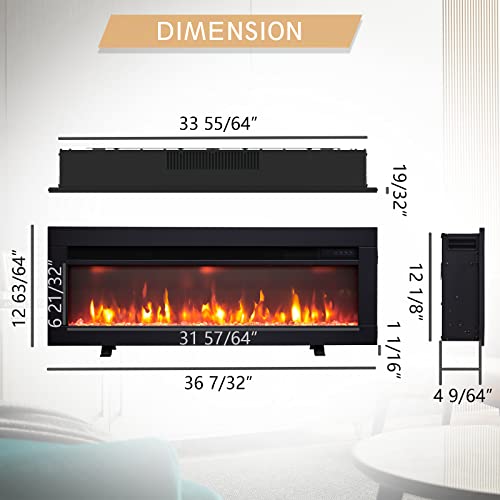 Efiretric® Arthur 36" W 3 in 1 Electric Fireplace (EF456), Freestanding, Wall Mounted, Recessed, 9 Colors Flame Effect, TV Media Wall, Heater 750W/1500W, Remote Control