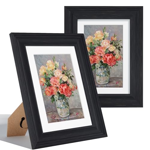 Vittanly 4x6 Picture Frames Set of 2, Display 3.5x5 Pictures with Mat or 4x6 without Mat, Rustic Picture Frames for Wall Mount or Tabletop Display, Photo Frame Collage for Wall Decor, Black