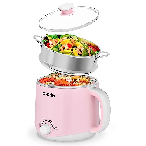 Dezin Electric Pot with Steamer, Stainless Steel Electric Cooker 1.6 Liter, Hot Pot Electric for Ramen, Egg, Dumpling, Soup, Oatmeal with Temperature Control and Keep Warm Function