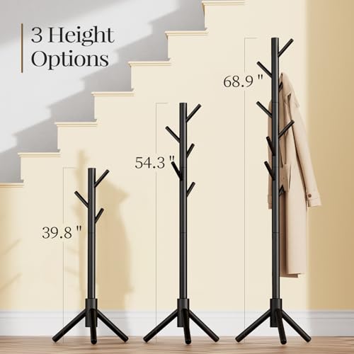 Pipishell Sturdy Wooden Coat Stand, 3 Adjustable Sizes Coat Tree with 8 Hooks, Coat Stands for Hallway Entryway, Hat Stand for Clothes, Used in Bedroom/Office/Hallway/Entryway, Black