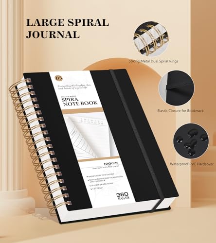 MUAHLIUB Spiral Notebook Journal College Ruled 8.5''x 11'', 360 Pages Lined Thick Journals for Women Men, A4 Large Writing Spiral Journal with 100GSM Paper, Spiral Notebooks for Work, School Black