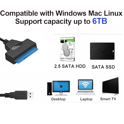 EYOOLD SATA to USB 3.0 Adapter Cable for 2.5 inch Hard Drive HDD/SSD Data Transfer, External Hard Drive Converter Support UASP (Black)
