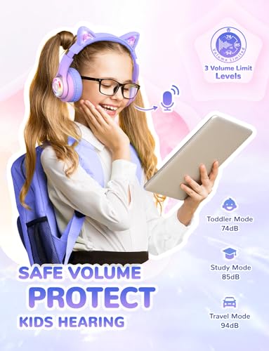 iClever Cat Ear Kids Bluetooth Headphones, LED Lights Up, 74/85/94dB Volume Limited, 50H Playtime,Bluetooth 5.2, USB C, Kids Headphones Wireless for Travel iPad Tablet, Meow Macaron-Gradient Pink