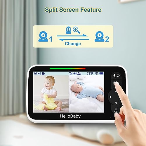 HelloBaby Video Baby Monitor with 2 Cameras and 5 Inch Split Screen Display, Remote Control Cameras with Night Vision and Temprature Monitoring