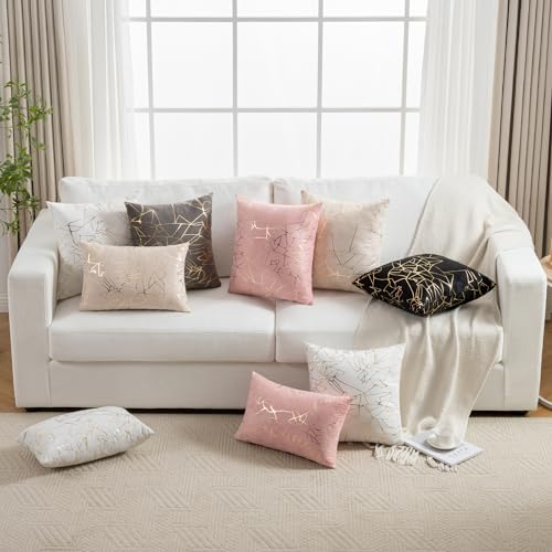 JELLYMONI Set of 2 Suede Pink Throw Pillow Covers with Silver Streaks - 18 x 18 inch Glitter Decorative Cushion Covers for Couch, Sofa, Bed - Luxuriously and Sparkling Metallic Design