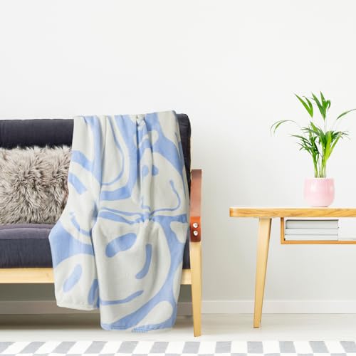 Frienda Preppy Throw Blanket Smile Face Cute Flannel Soft Plush Fuzzy Blanket Preppy Bedding Stuff for Dormitory Living Room 50" x 60"(Blue Distort Smile Face)