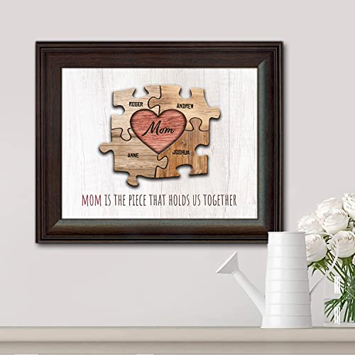 Personal-Prints Mom & Children Personalized Heart Puzzle Wall Art | Unique Mother’s Day Gift | Customized with up to 8 Names | Framed Canvas or Wood Block (4 Children, 14"x17" Framed Behind Glass)