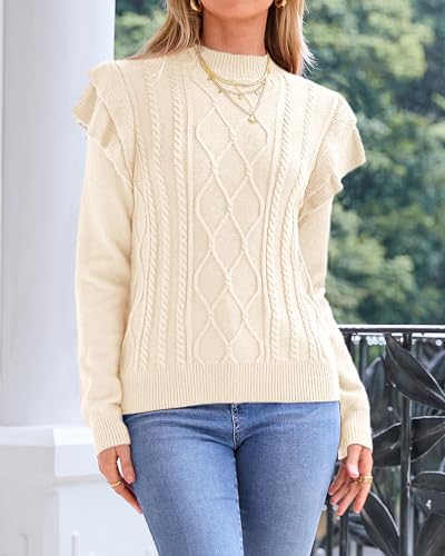 KIRUNDO Women's 2024 Fall Winter Fashion Ruffle Long Sleeve Chunky Cable Knit Sweater Casual Crew Neck Ribbed Pullover Beige White