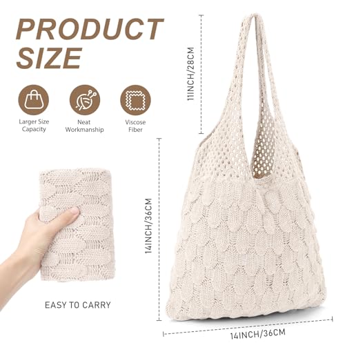 KPX Crochet Tote Beach Bag, Mesh Knitted Bag Large Aesthetic Shoulder Bag Handbags Hollow Hobo Bag for Women Summer (Beige, Style T)