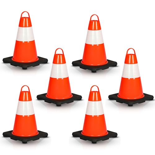 Pyle 6-Pack Traffic Safety Cones 12" inch High Visibility, Reflective Collars, PVC Durable Construction Orange Cones, for Traffic, Home, Parking, Road Safety, Driveway