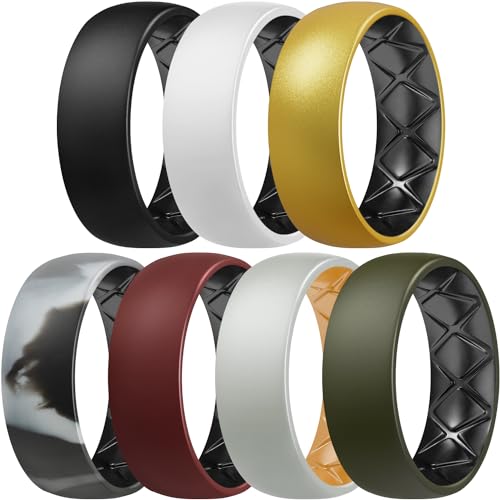 Egnaro Silicone Ring Men 1/4/6/7 Multipack of Breathable Mens Silicone Rubber Wedding Rings Bands with Air Flow Grooves