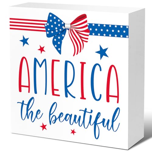 4th of July Independence Day Wood Decor,America the Beautiful Wood Block Sign for Home Bedroom Office Desk Cubicle Decor,July 4th Independence Day Memorial Day Patriotic Decorations