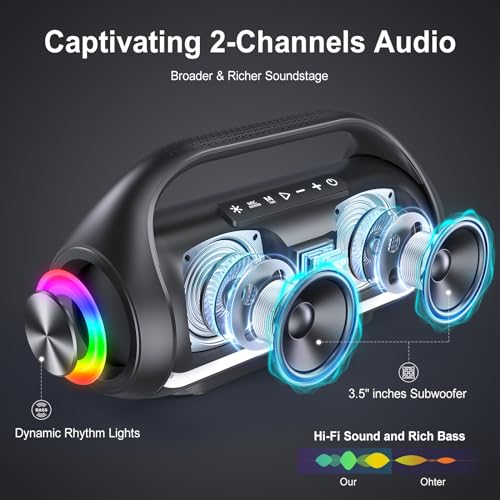 HWWR Portable Bluetooth Speaker Wireless Outdoor: IPX5 Waterproof Bluetooth Speaker with Powerful Bass & LED Lights, 60W Loud Stereo Speaker for Home Party, Beach, Camping, Support USB/TF Card/AUX/TWS