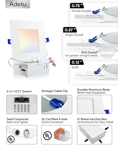 Adetu 4 Inch Square Led Recessed Lighting 5CCT LED Recessed Light with Junction Box,2700K-5000K Selectable,10W 860LM Brightness,Dimmable Canless Downlight - ETL Certified and Energy Star